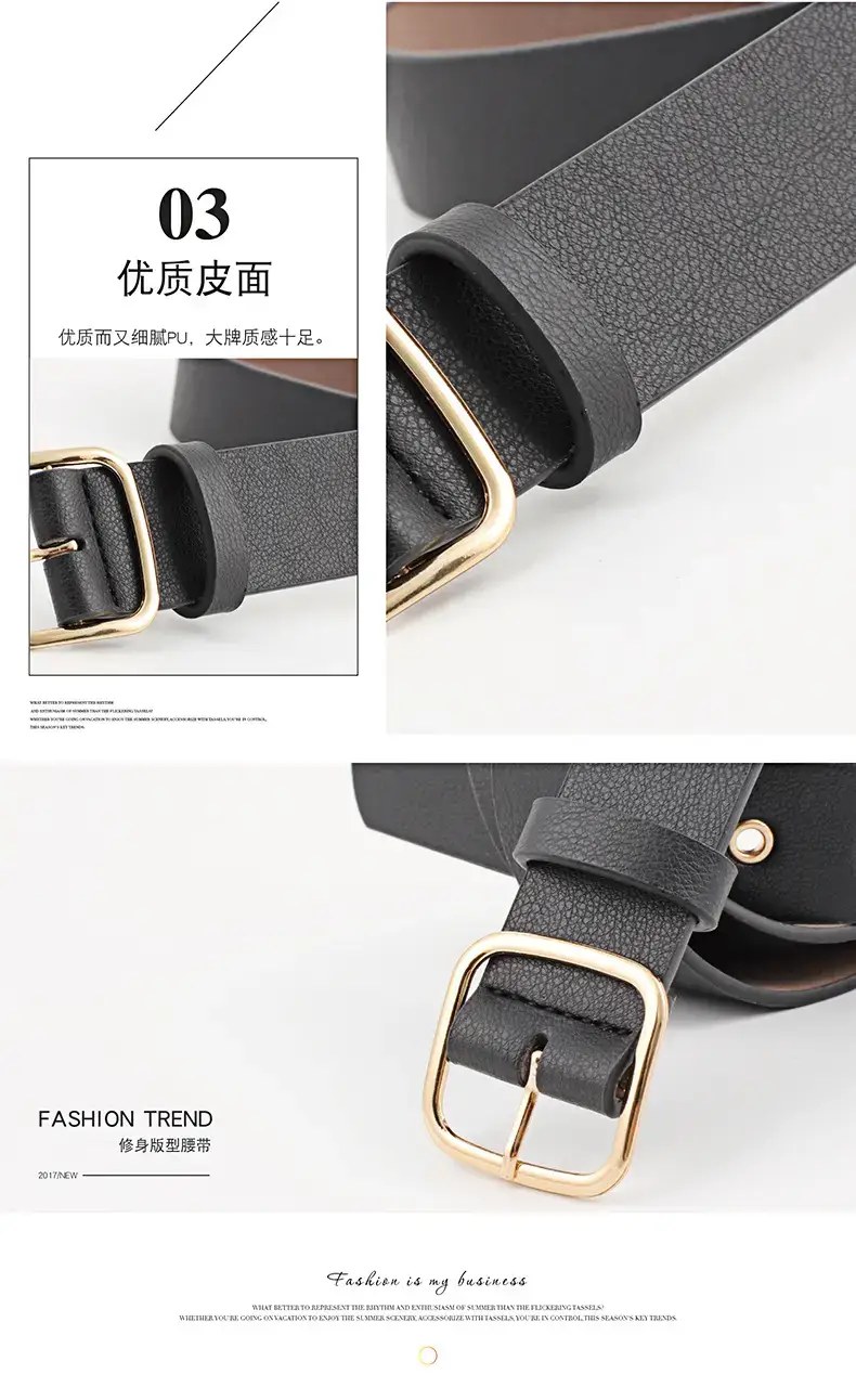 Women's Black Leather Belt with Gold Buckle — feature 10