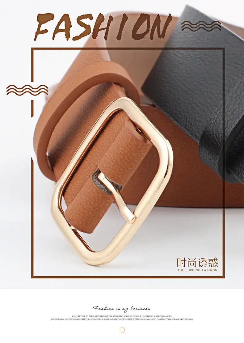 Women's Black Leather Belt with Gold Buckle — feature 2