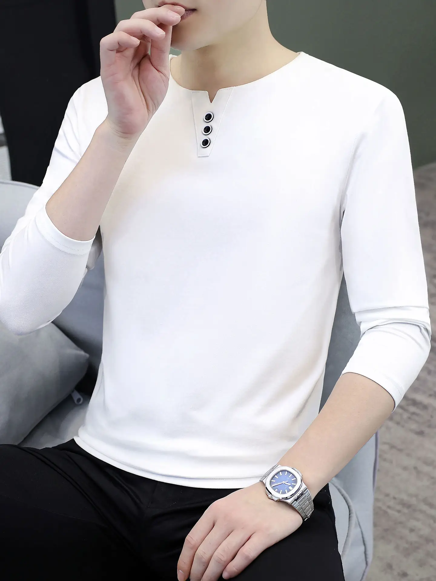 Men V-Neck Long Sleeve T-Shirt White 2025 - Image 21
