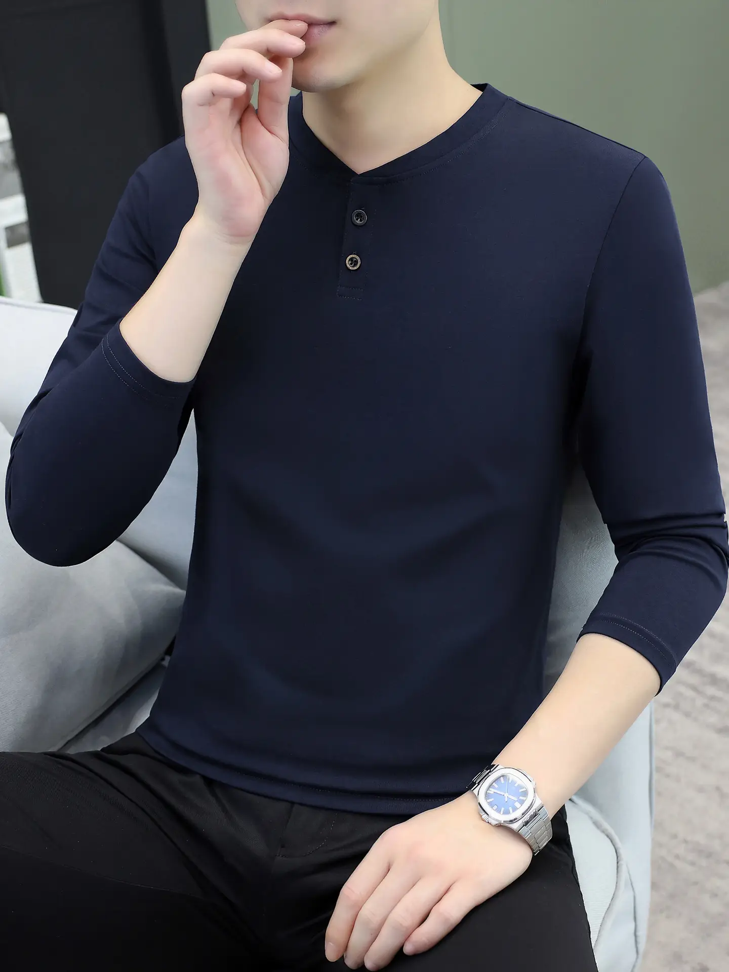 Men V-Neck Long Sleeve T-Shirt White 2025 - Image 22