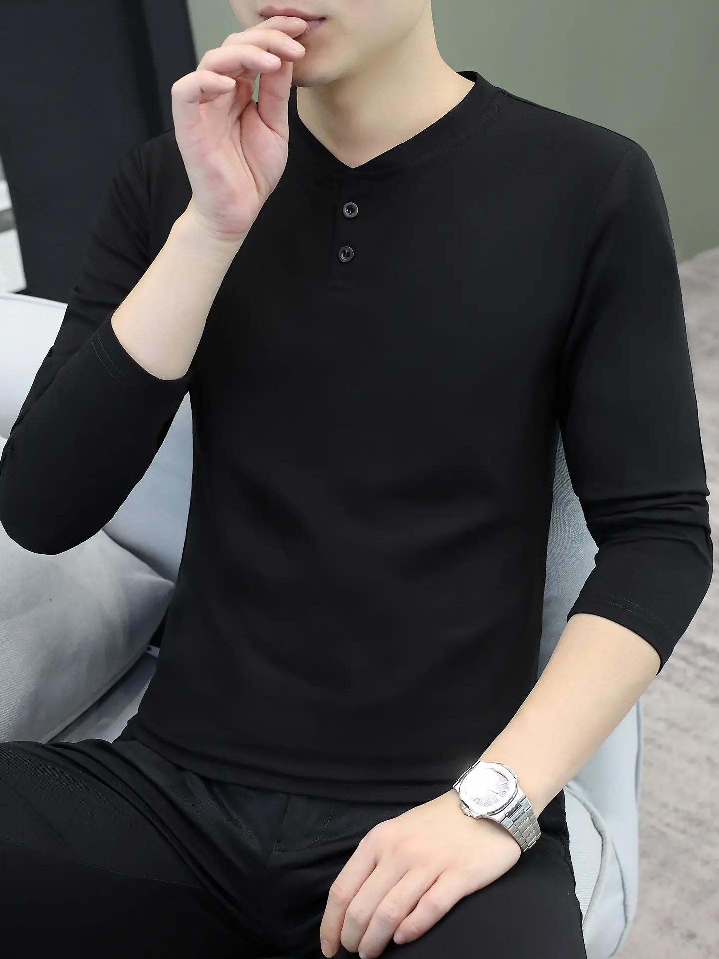 Men V-Neck Long Sleeve T-Shirt White 2025 - Image 23