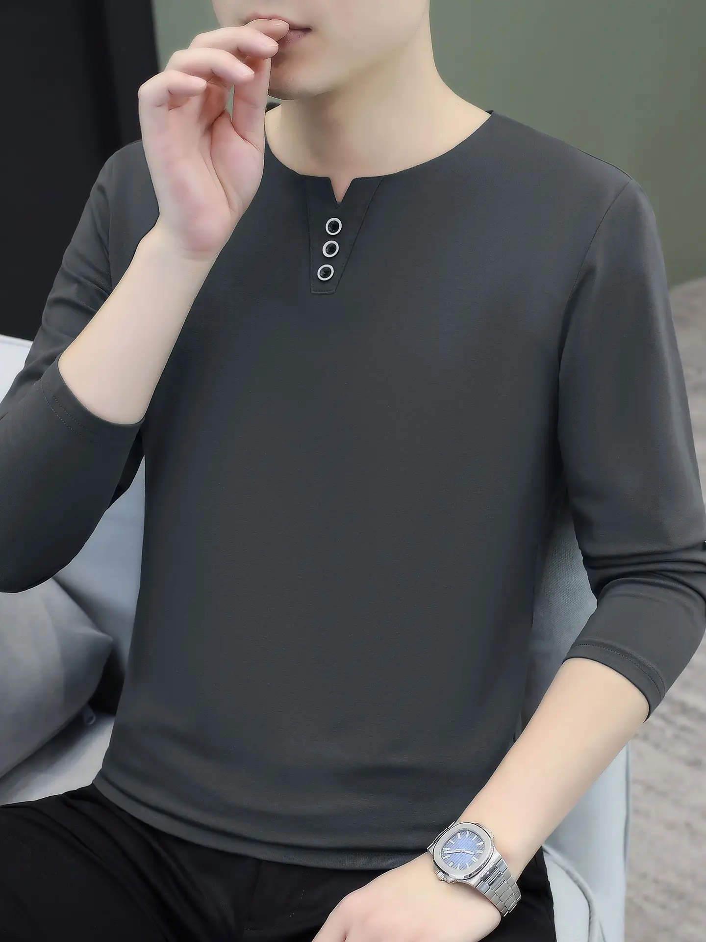 Men V-Neck Long Sleeve T-Shirt White 2025 - Image 24
