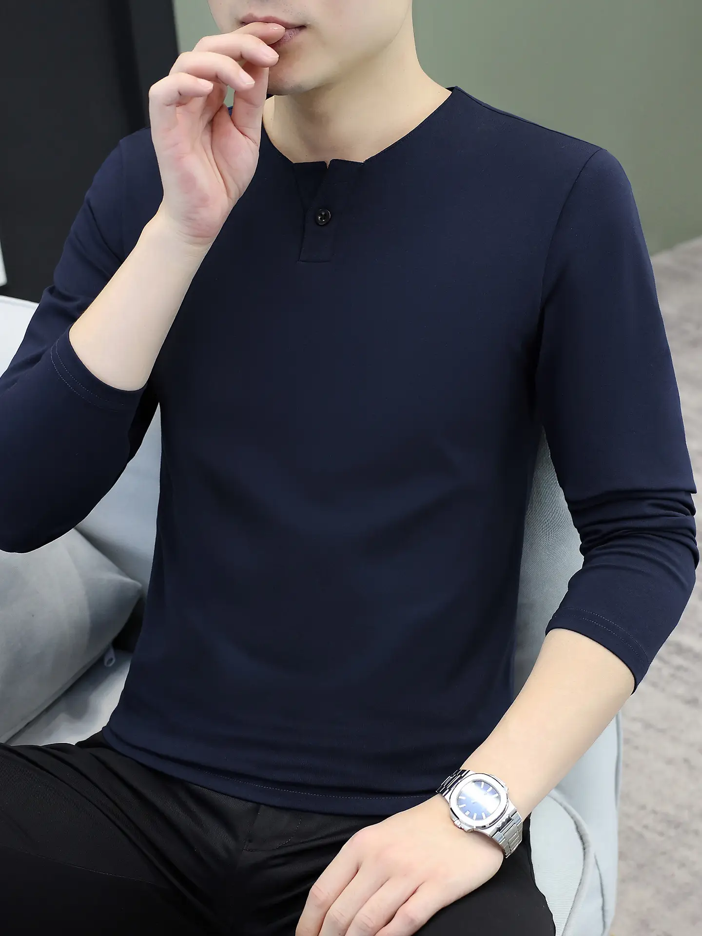 Men V-Neck Long Sleeve T-Shirt White 2025 - Image 25