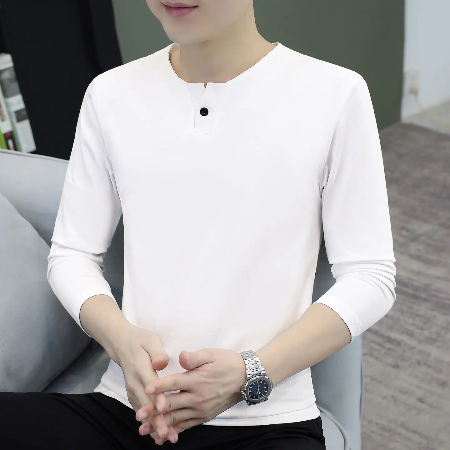 Men V-Neck Long Sleeve T-Shirt White 2025 - Image 10