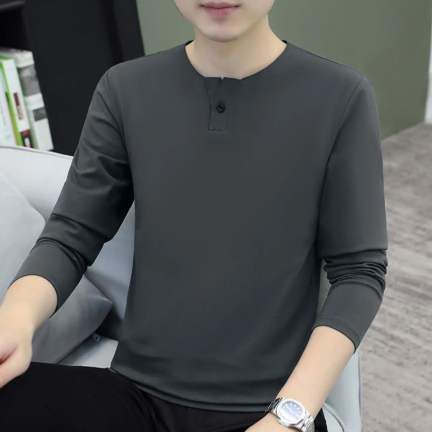 Men V-Neck Long Sleeve T-Shirt White 2025 - Image 11