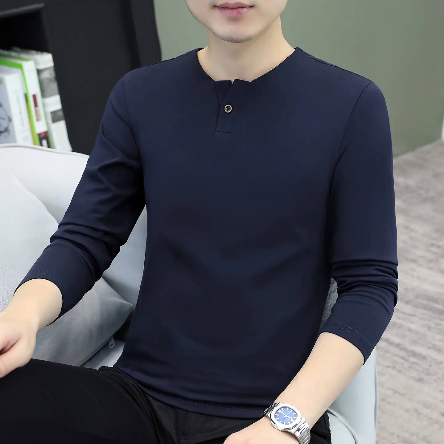 Men V-Neck Long Sleeve T-Shirt White 2025 - Image 12