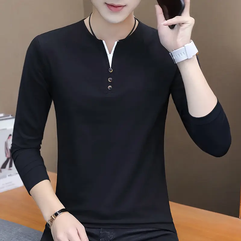 Men V-Neck Long Sleeve T-Shirt White 2025 - Image 17