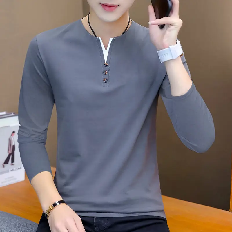 Men V-Neck Long Sleeve T-Shirt White 2025 - Image 18