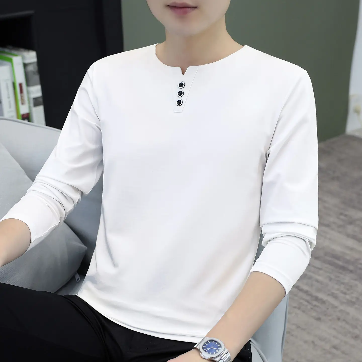 Men V-Neck Long Sleeve T-Shirt White 2025 - Image 2