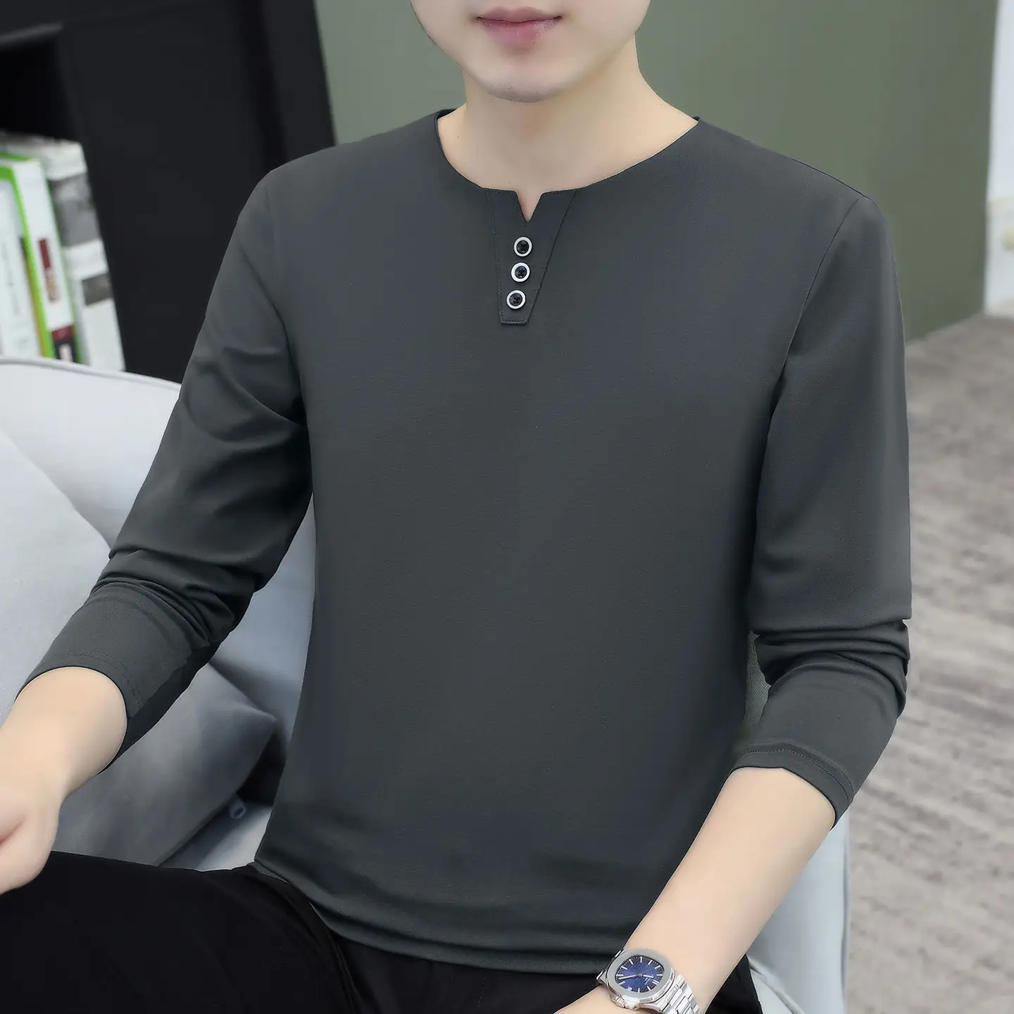 Men V-Neck Long Sleeve T-Shirt White 2025 - Image 3
