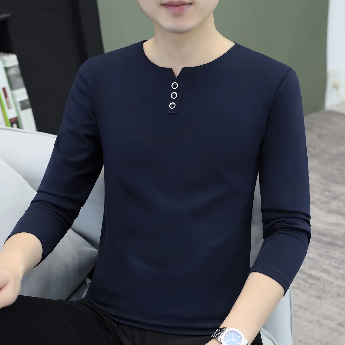 Men V-Neck Long Sleeve T-Shirt White 2025 - Image 4