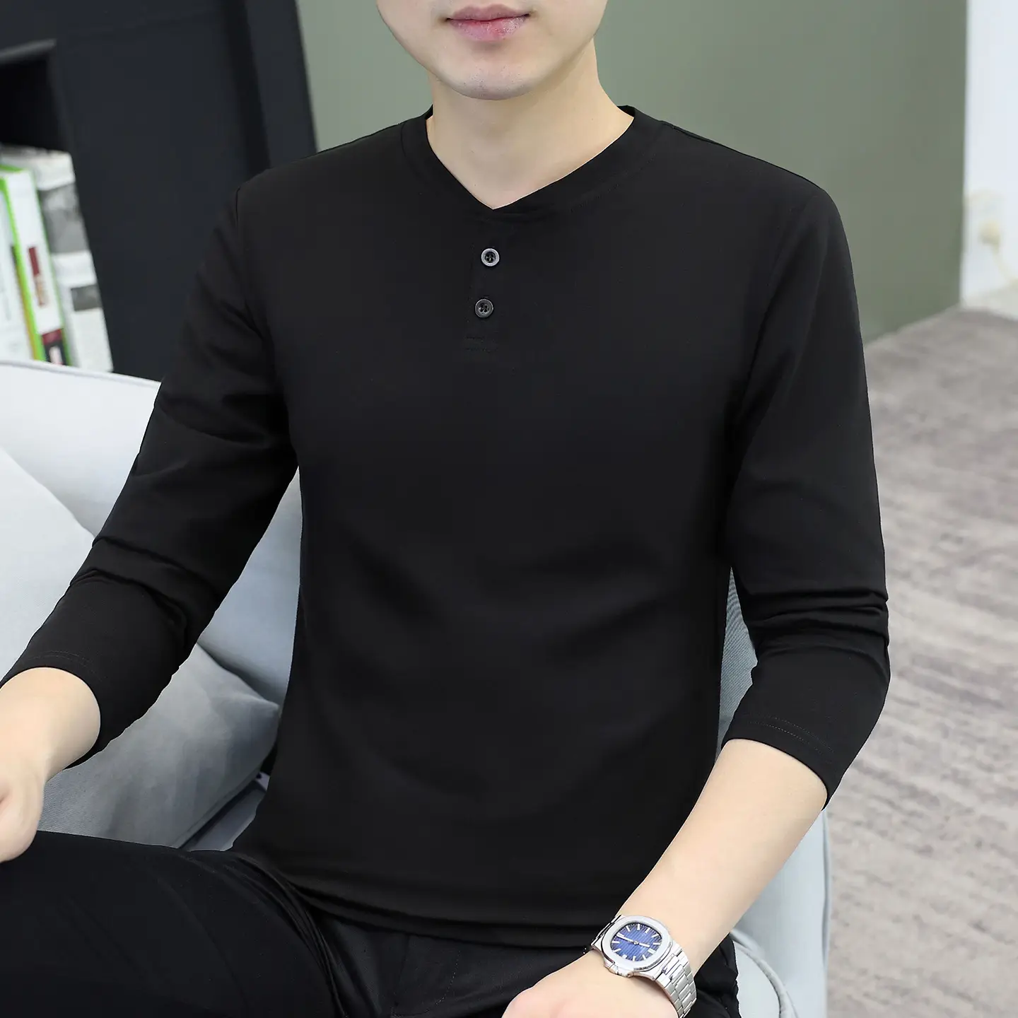 Men V-Neck Long Sleeve T-Shirt White 2025 - Image 5