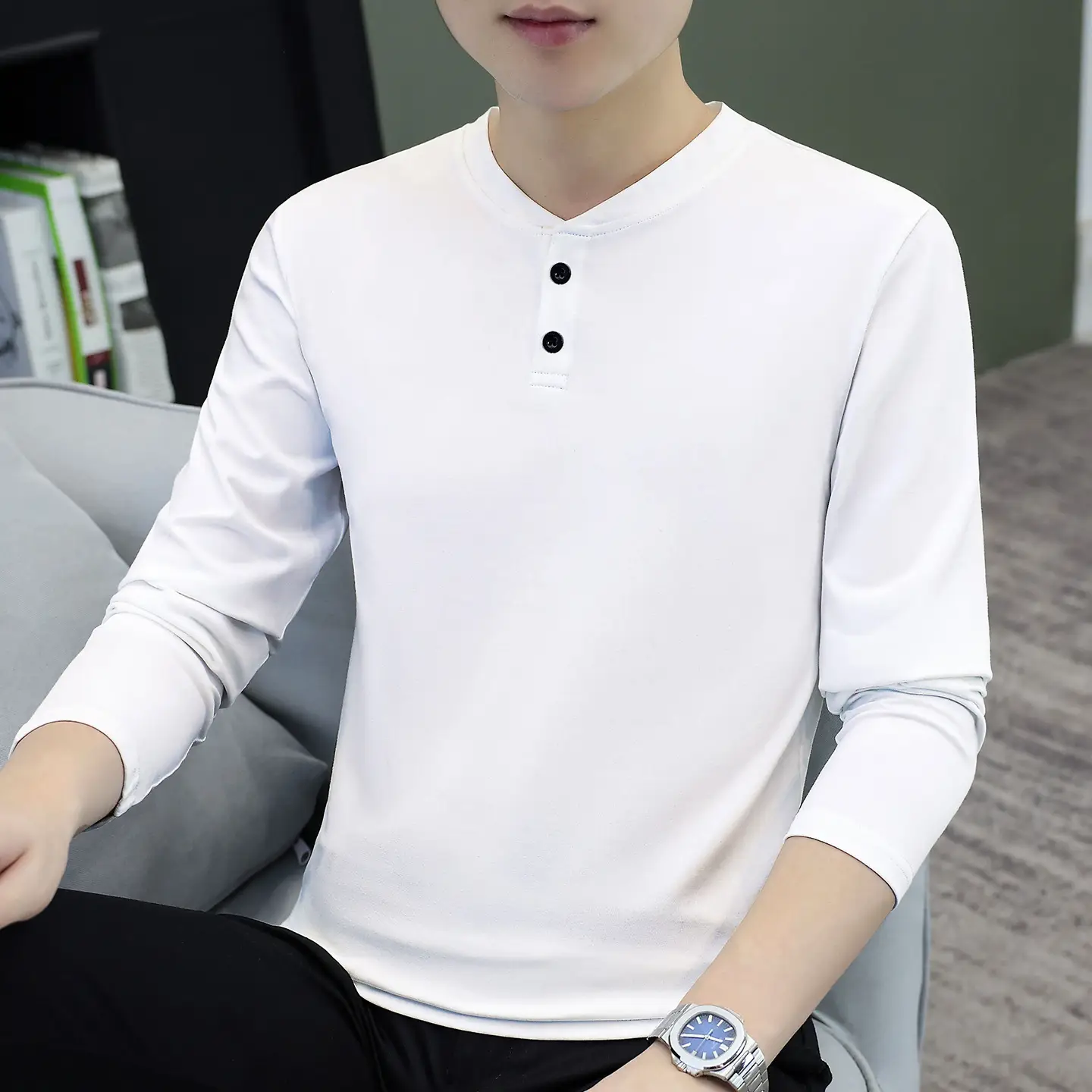Men V-Neck Long Sleeve T-Shirt White 2025 - Image 6