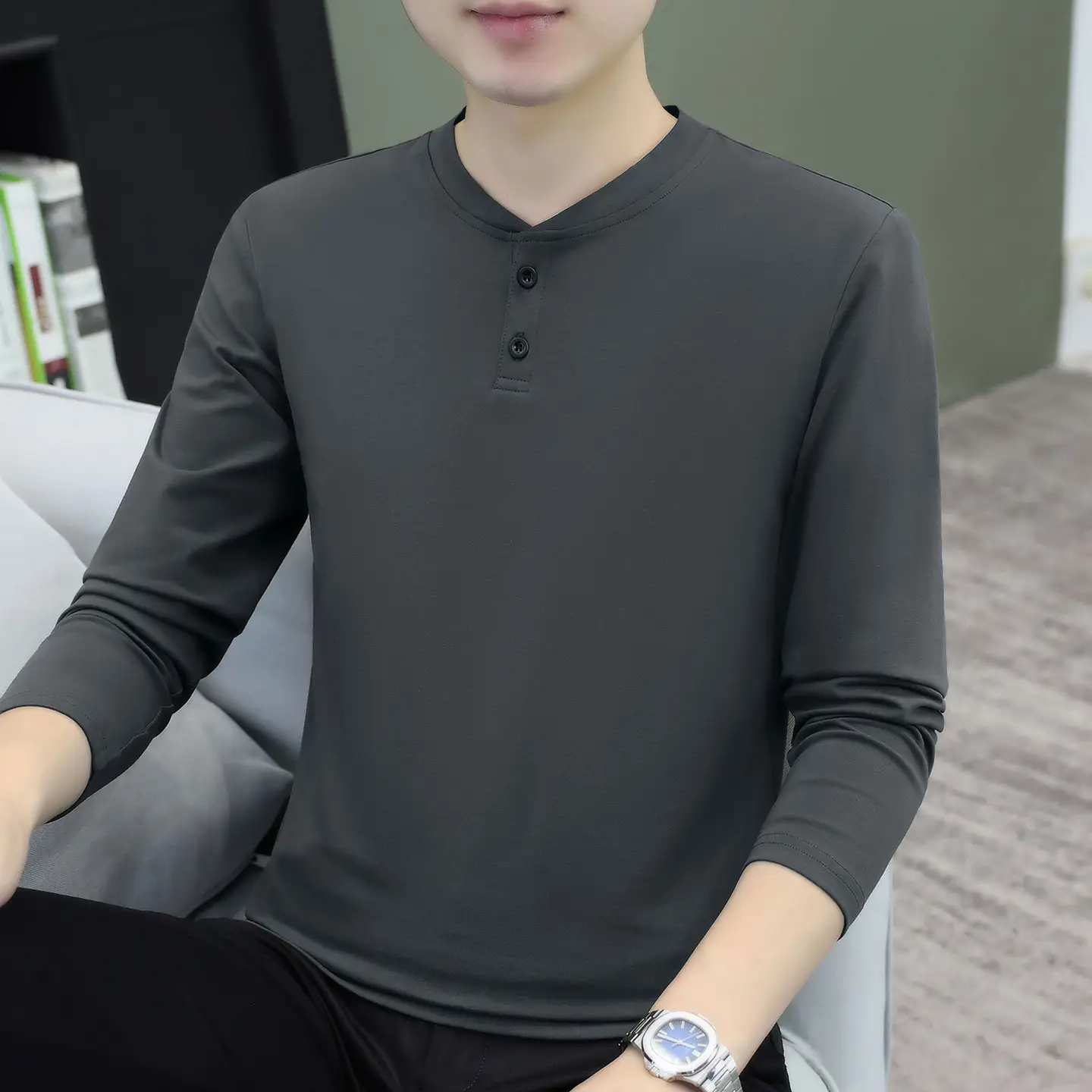 Men V-Neck Long Sleeve T-Shirt White 2025 - Image 7