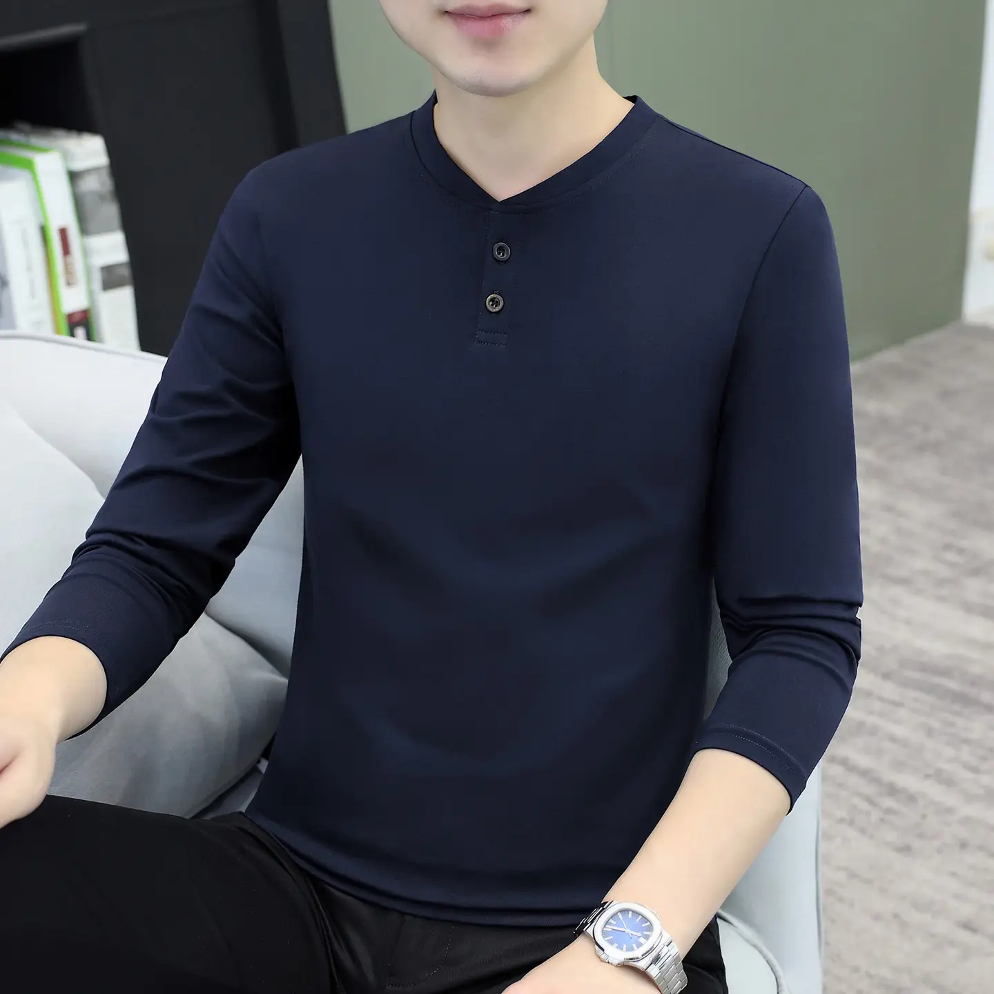 Men V-Neck Long Sleeve T-Shirt White 2025 - Image 8