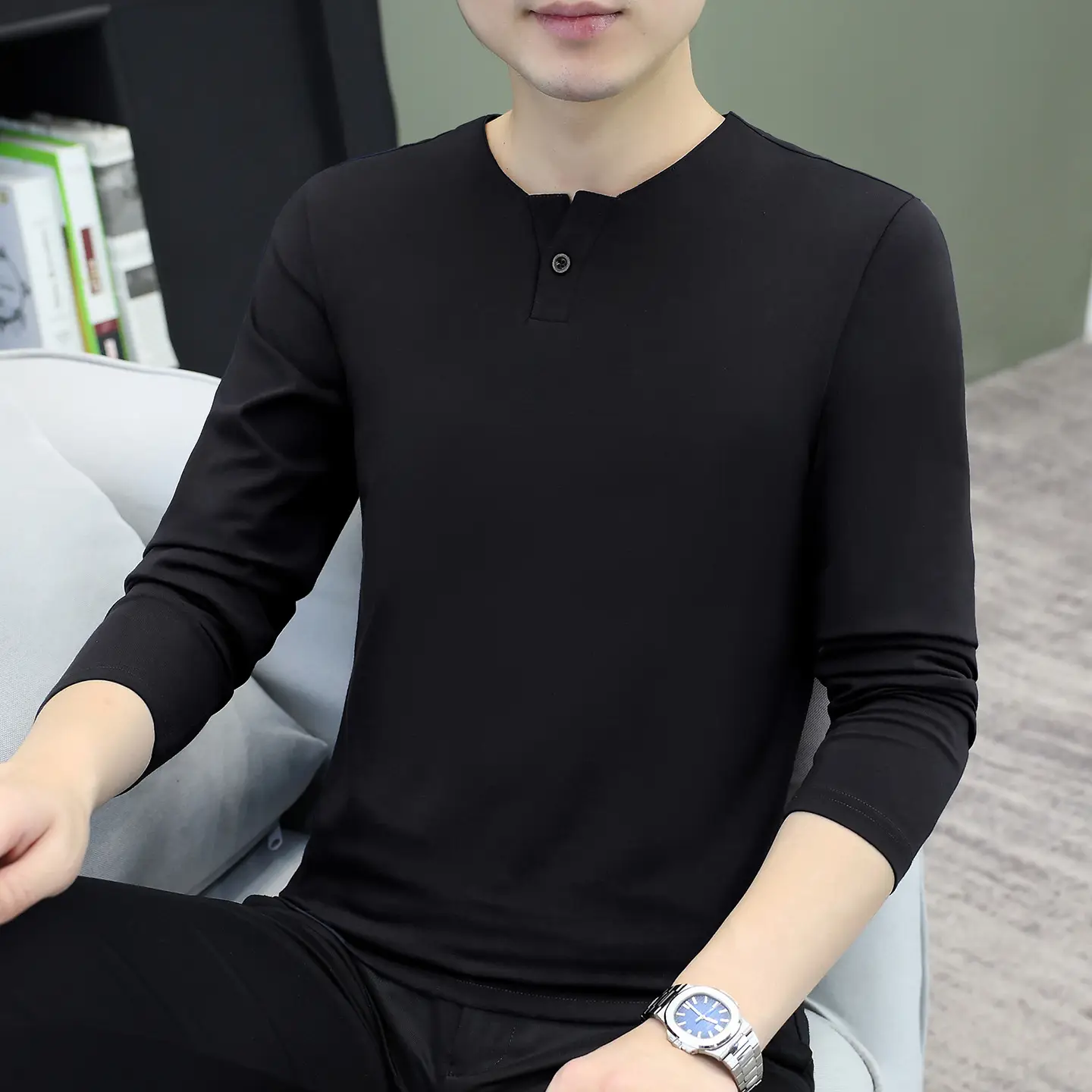 Men V-Neck Long Sleeve T-Shirt White 2025 - Image 9