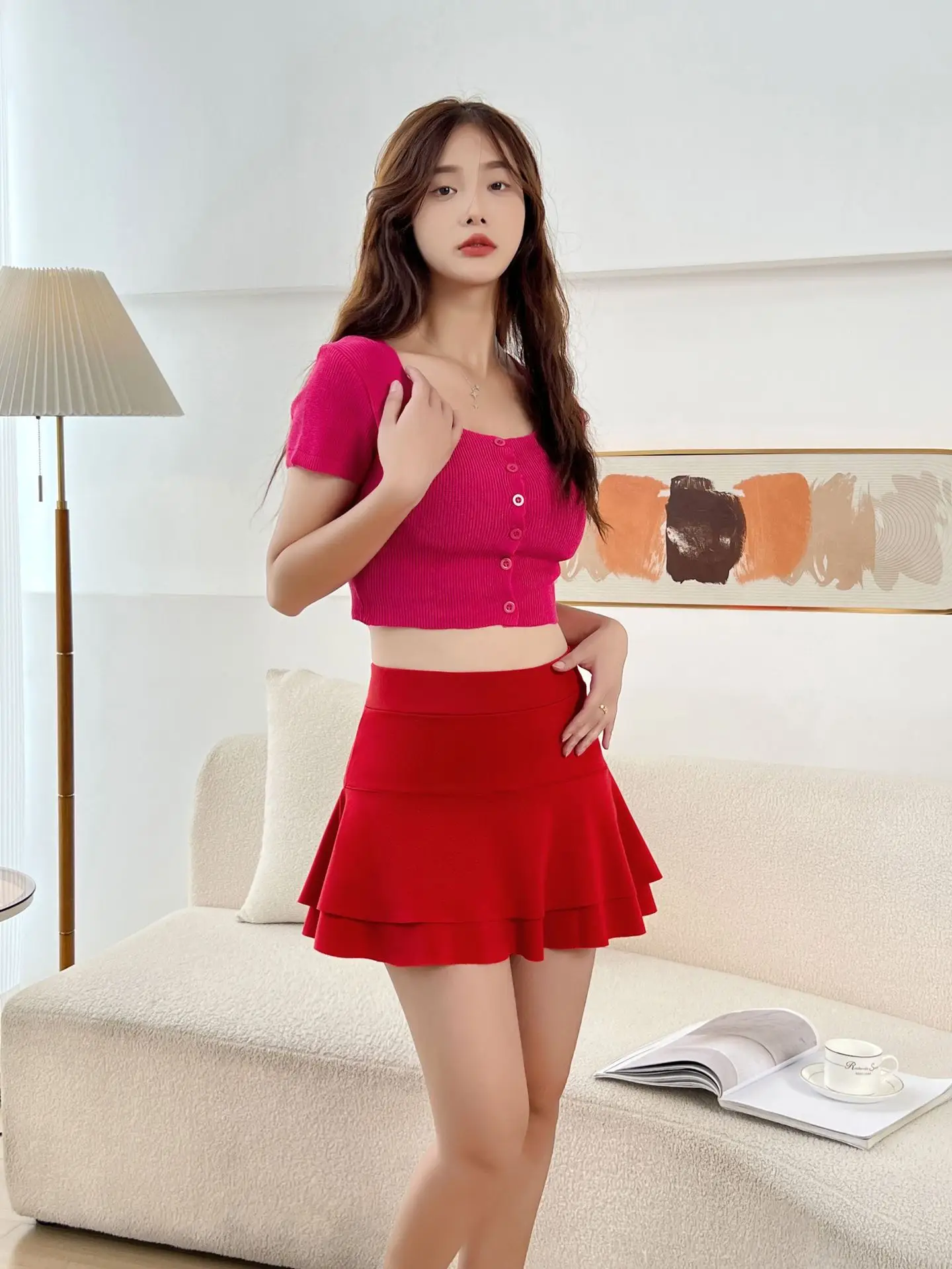 Red High Waist Slim Fit Anti-Exposed Skirt Set - Image 12