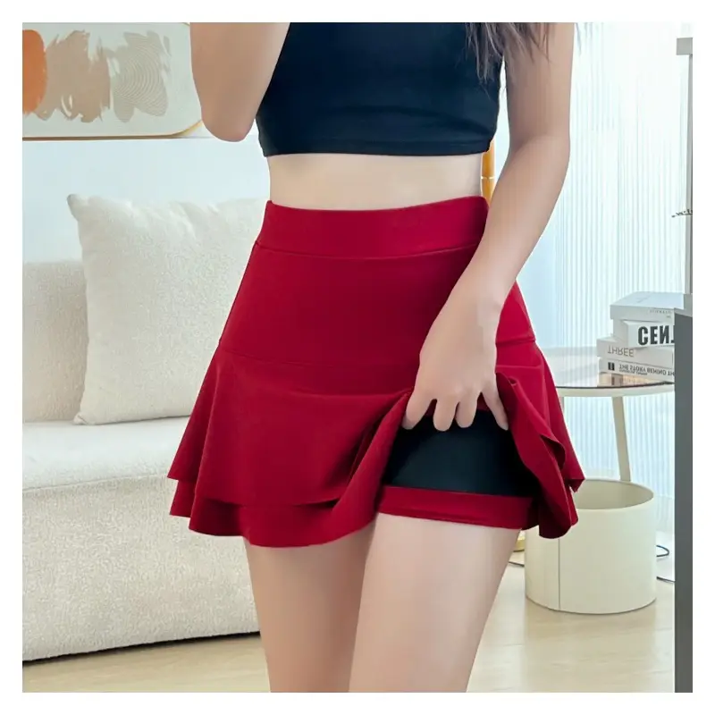 Red High Waist Slim Fit Anti-Exposed Skirt Set - Image 7