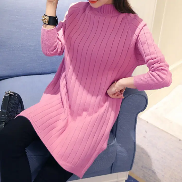 Black Knitted Mid-Length Pullover Sweater for Women
