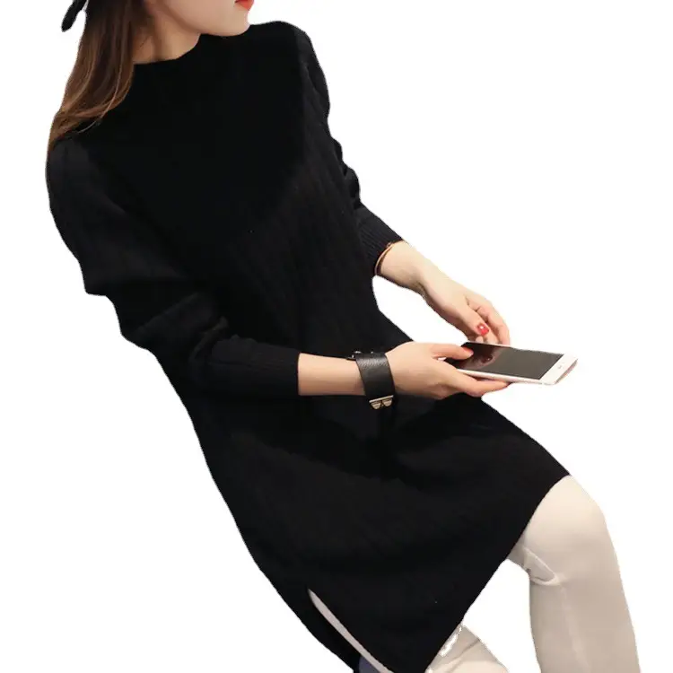 Black Knitted Mid-Length Pullover Sweater for Women