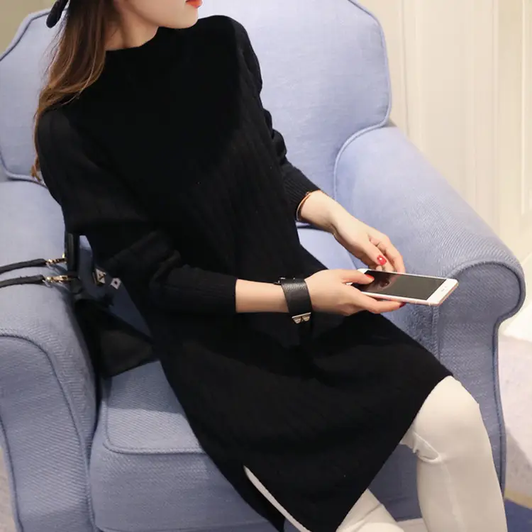 Black Knitted Mid-Length Pullover Sweater for Women