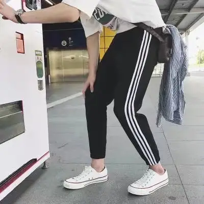 Men Black Slim Fit Track Pants with White Stripes - Image 3