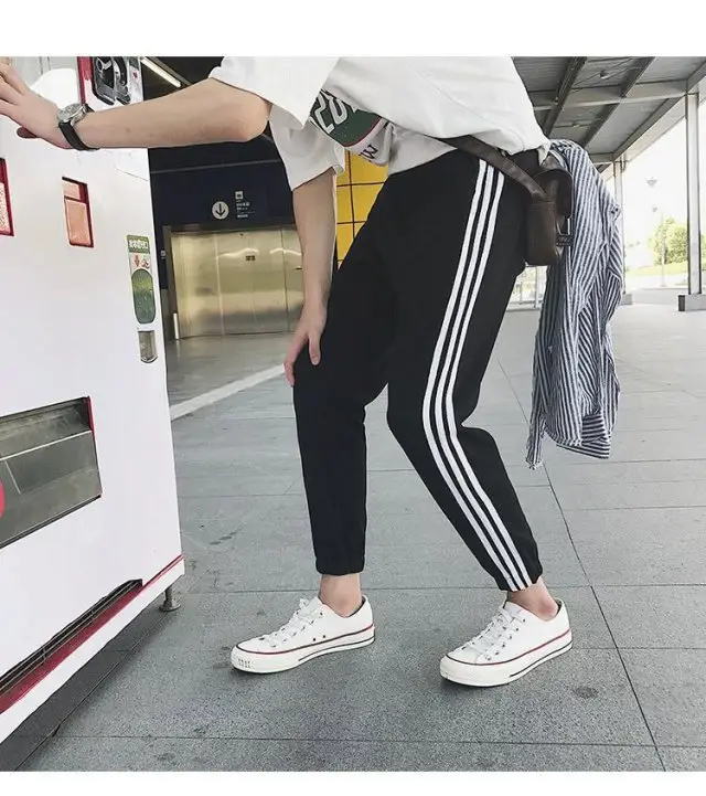 Men Black Slim Fit Track Pants with White Stripes - Image 4