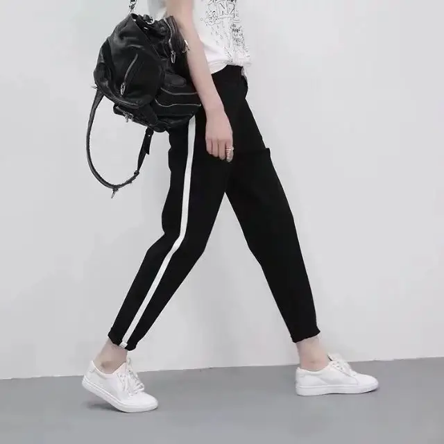 Men Black Slim Fit Track Pants with White Stripes - Image 2
