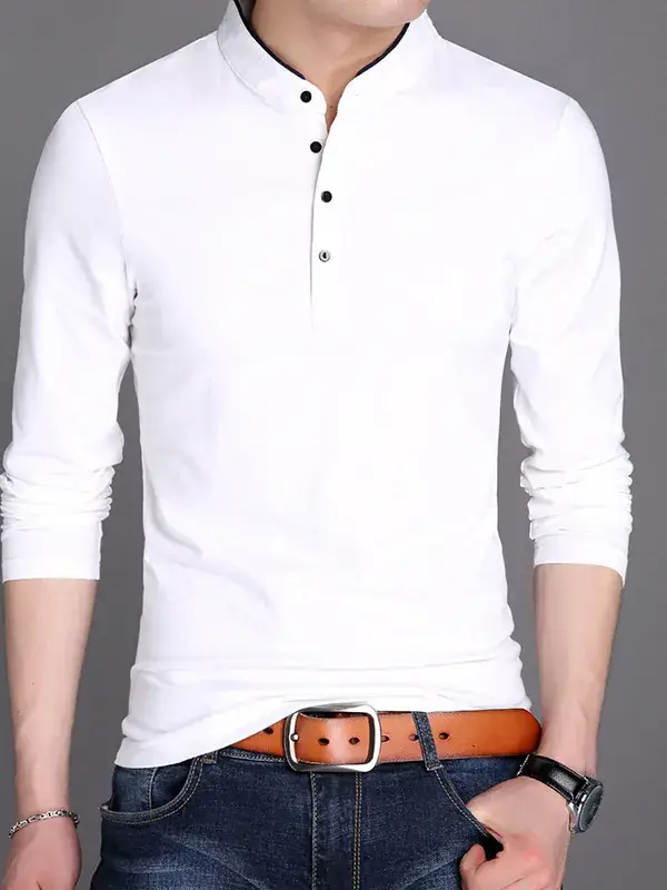 Men Grey Button Collar Long Sleeve T-Shirt
