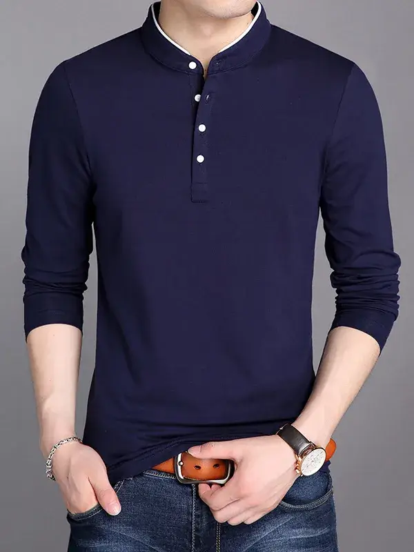 Men Grey Button Collar Long Sleeve T-Shirt