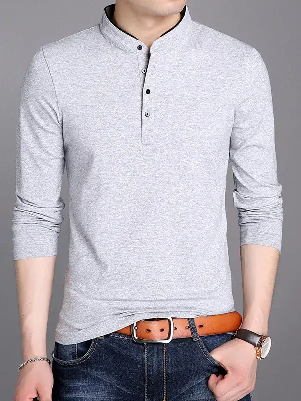 Men Grey Button Collar Long Sleeve T-Shirt