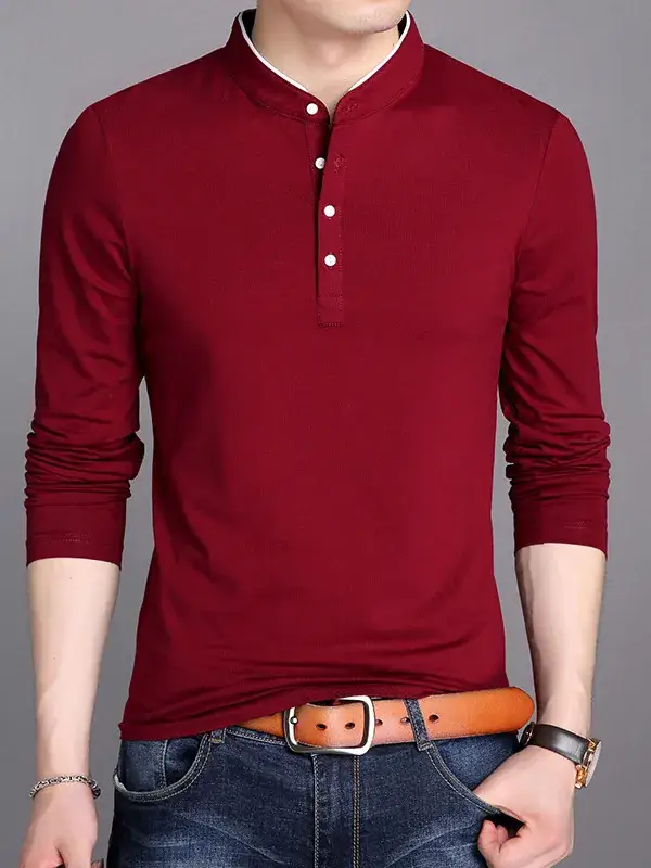 Men Grey Button Collar Long Sleeve T-Shirt