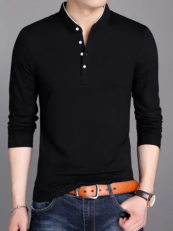 Men Grey Button Collar Long Sleeve T-Shirt
