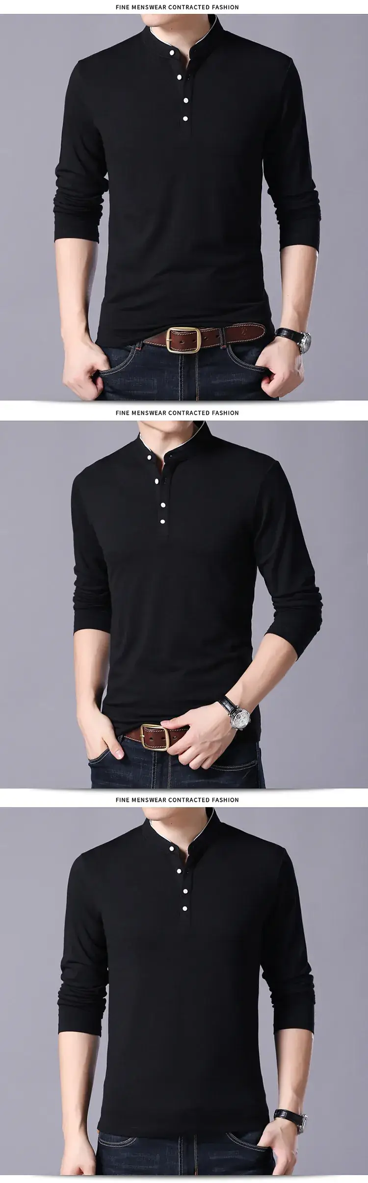 Men Grey Button Collar Long Sleeve T-Shirt — feature 10
