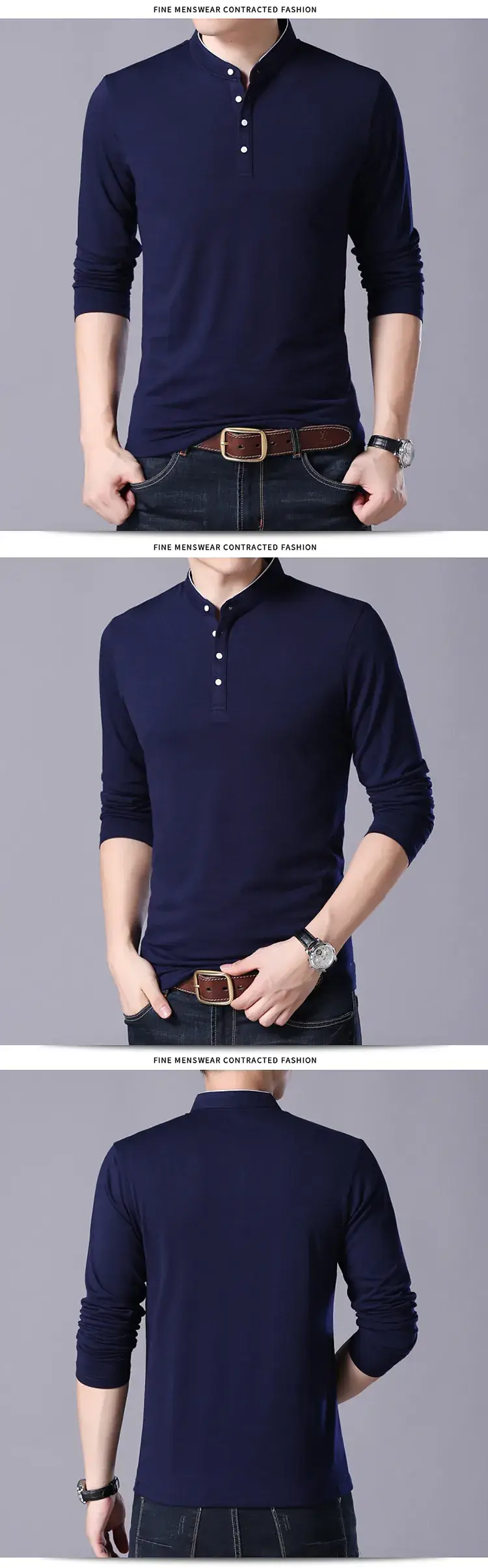Men Grey Button Collar Long Sleeve T-Shirt — feature 11