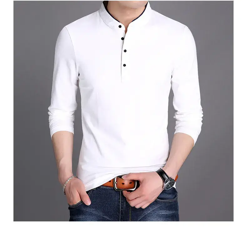 Men Grey Button Collar Long Sleeve T-Shirt — feature 19