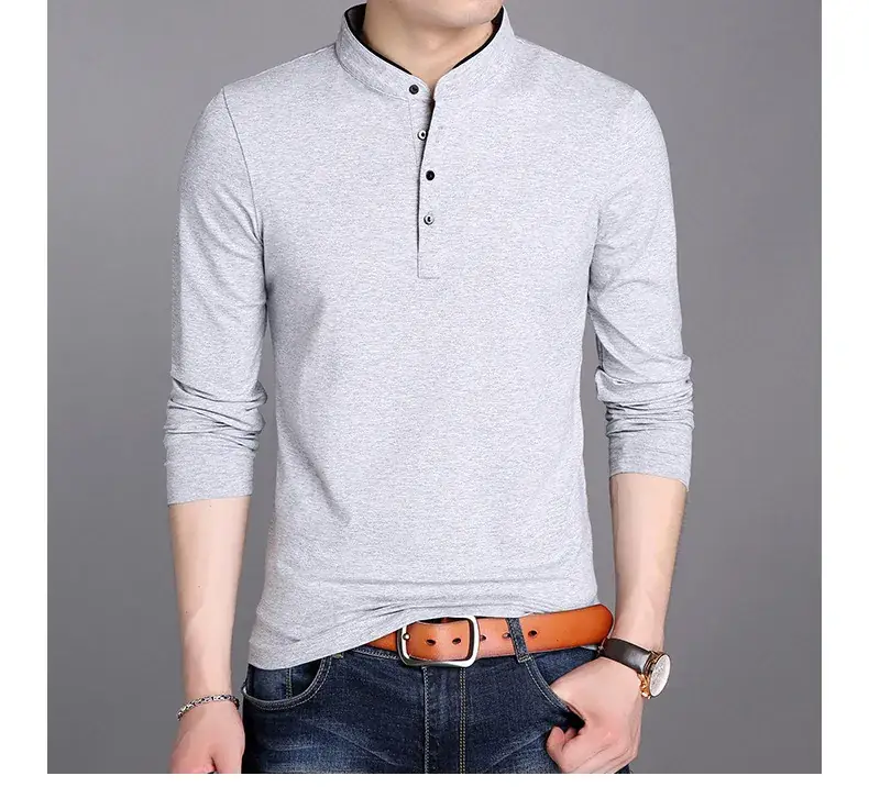Men Grey Button Collar Long Sleeve T-Shirt — feature 20