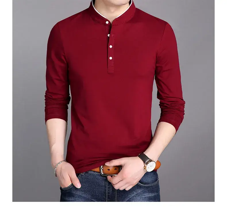 Men Grey Button Collar Long Sleeve T-Shirt — feature 21