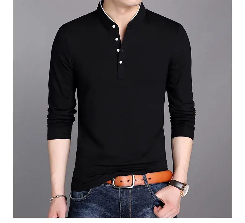 Men Grey Button Collar Long Sleeve T-Shirt — feature 23