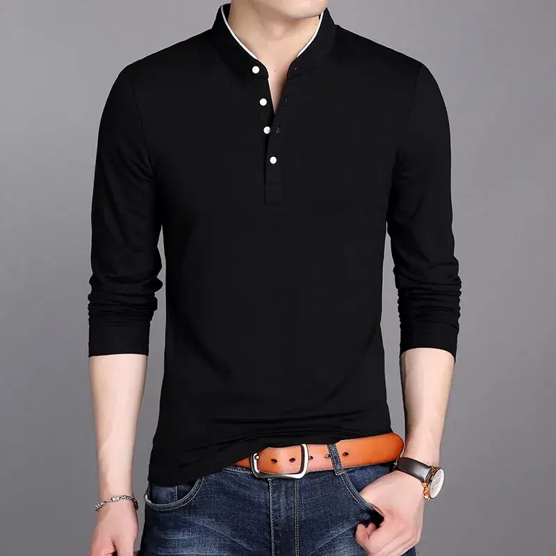 Men Grey Button Collar Long Sleeve T-Shirt — feature 26