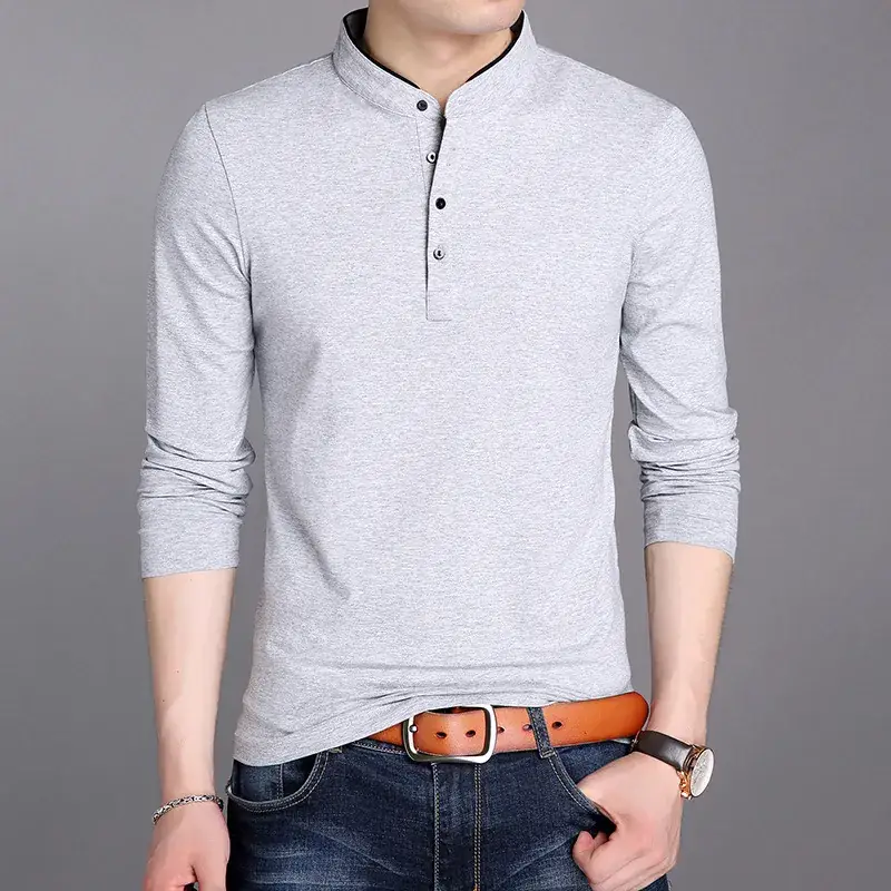 Men Grey Button Collar Long Sleeve T-Shirt — feature 28
