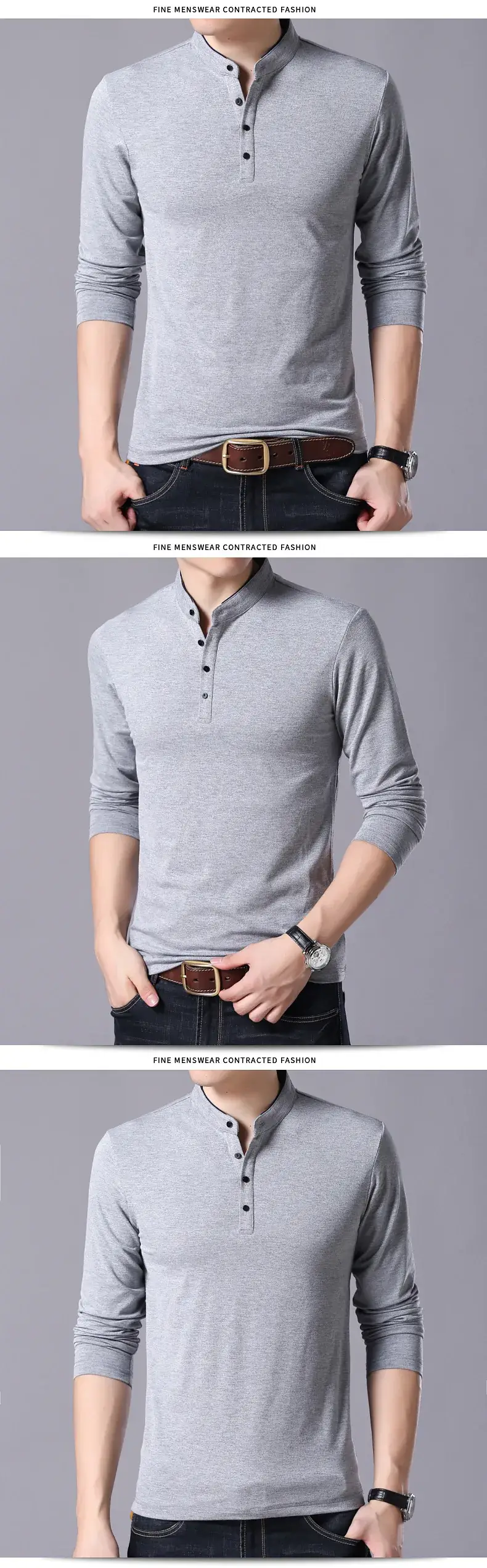 Men Grey Button Collar Long Sleeve T-Shirt — feature 4