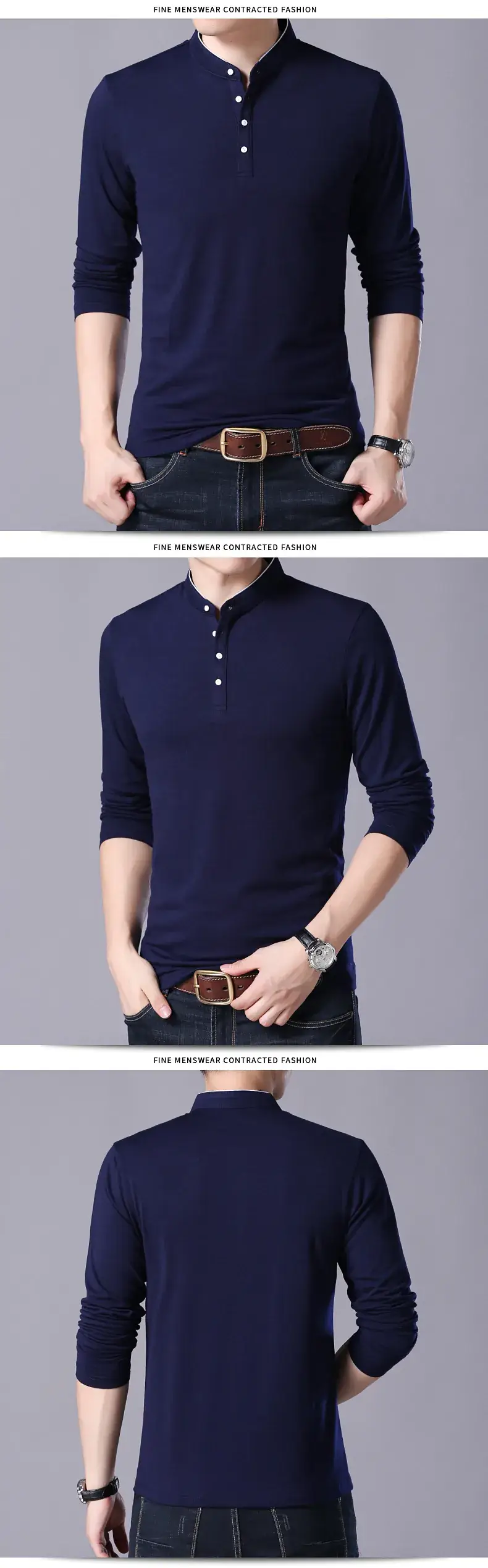 Men Grey Button Collar Long Sleeve T-Shirt — feature 5