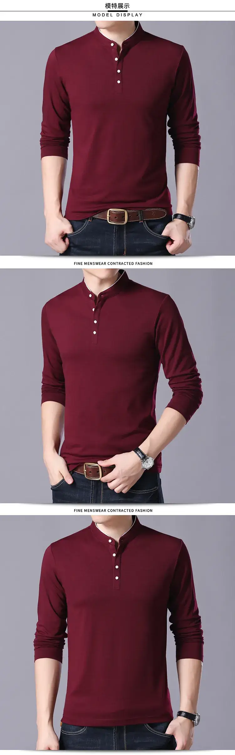 Men Grey Button Collar Long Sleeve T-Shirt — feature 8