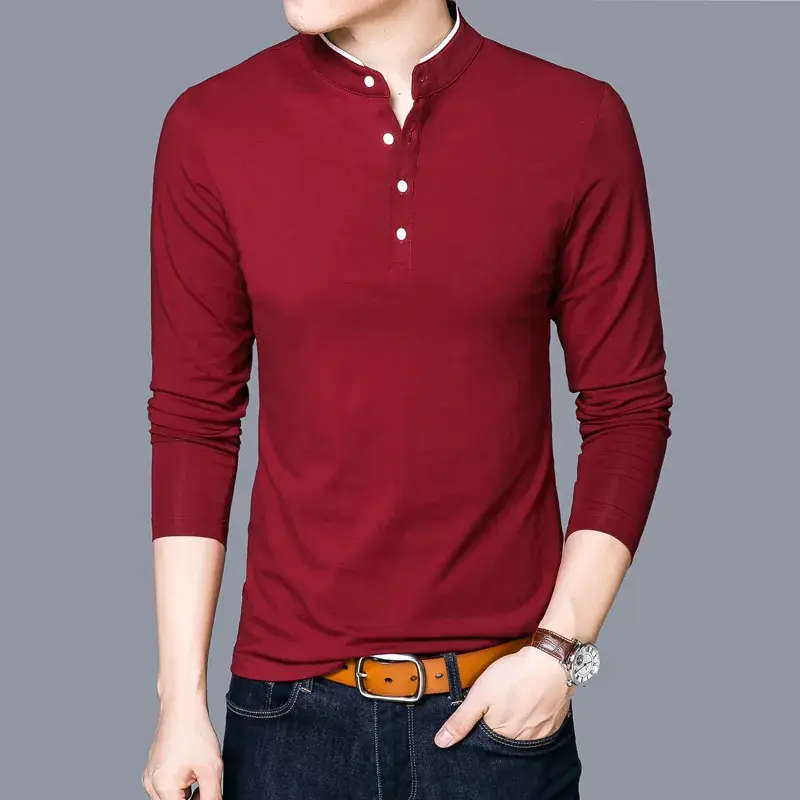 Men Grey Button Collar Long Sleeve T-Shirt