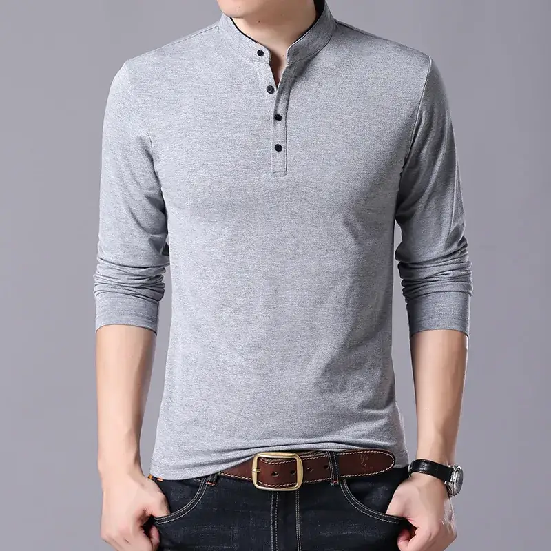 Men Grey Button Collar Long Sleeve T-Shirt