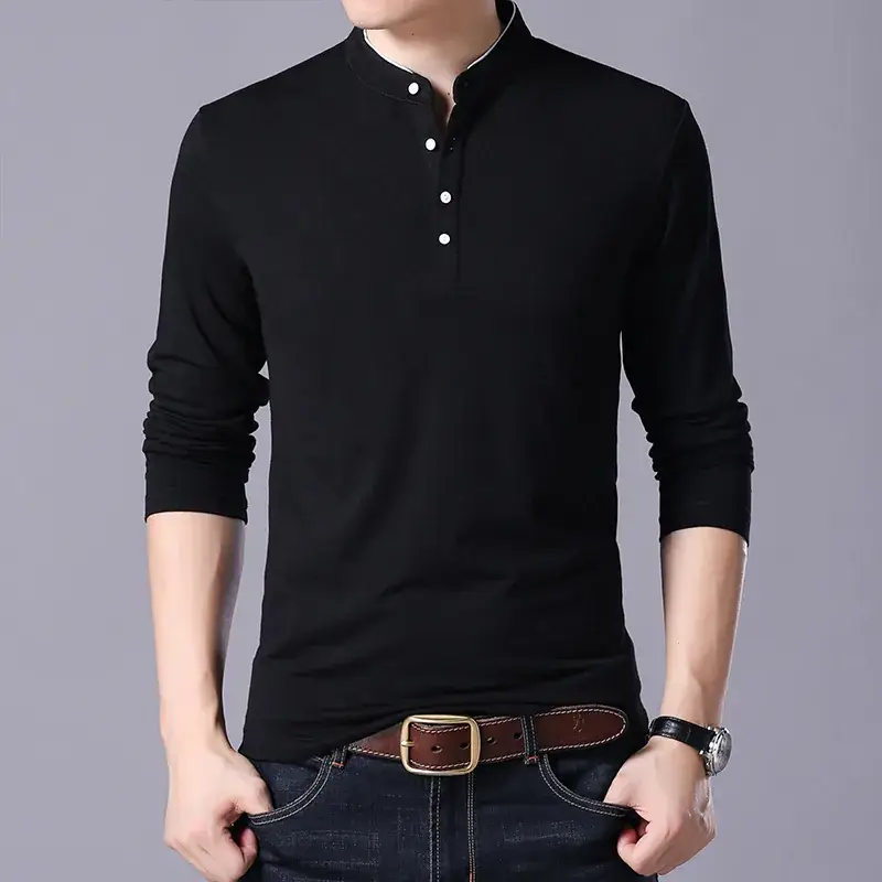 Men Grey Button Collar Long Sleeve T-Shirt