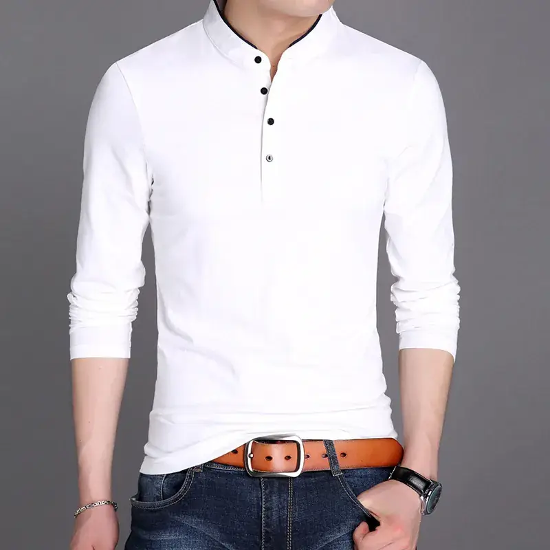 Men Grey Button Collar Long Sleeve T-Shirt