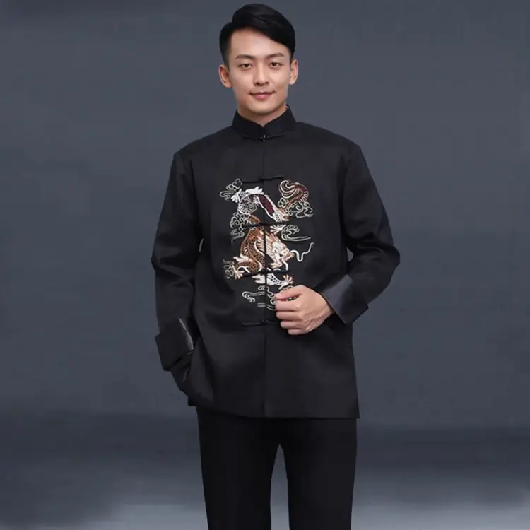 Men's Embroidered Dragon Tang Suit Black Spring Fall Wear - Image 5