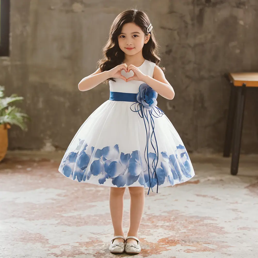Red White Petal Tulle Kids Dress with Flower Accent - Image 13